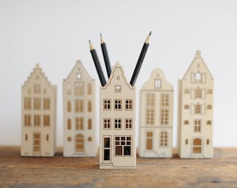 1 pc wooden pencil holder - Amsterdam tenement house, desk organizer made of natural wood