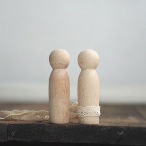 set of 2 peg dolls wooden figurines, wedding figurines, couple, natural wood, wooden dolls, wedding cake topper, wooden toys, blank image 1