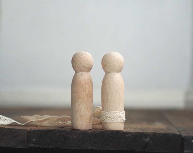 set of 2 peg dolls wooden figurines, wedding figurines, couple, natural wood, wooden dolls, wedding cake topper, wooden toys, blank image 1