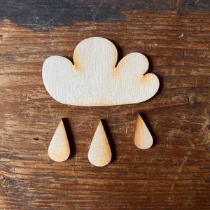 Nuvola di legno da 12 cm con gocce, legno naturale, pronta da decorare, forniture in legno, decorazioni in legno, legno naturale, non verniciato, fai da te