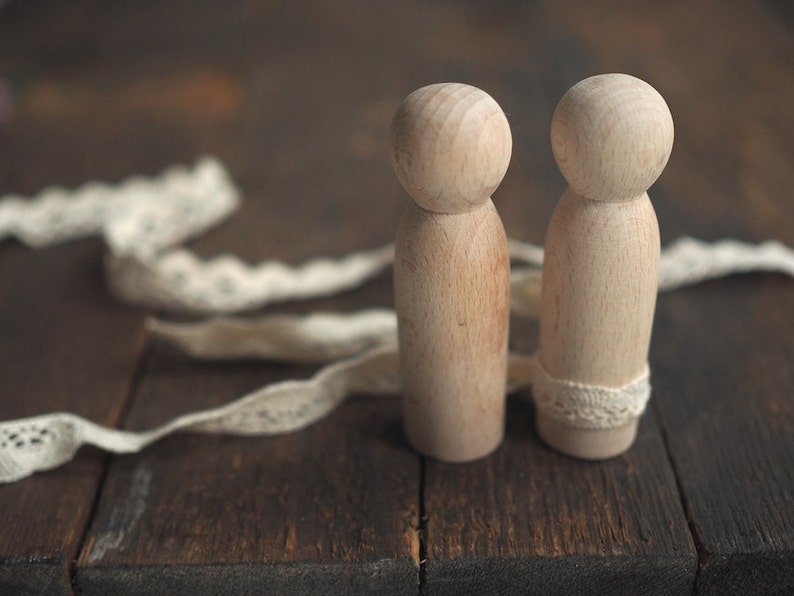 set of 2 peg dolls wooden figurines, wedding figurines, couple, natural wood, wooden dolls, wedding cake topper, wooden toys, blank image 2