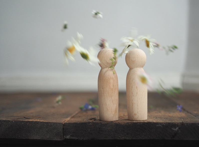 set of 2 peg dolls wooden figurines, wedding figurines, couple, natural wood, wooden dolls, wedding cake topper, wooden toys, blank image 3