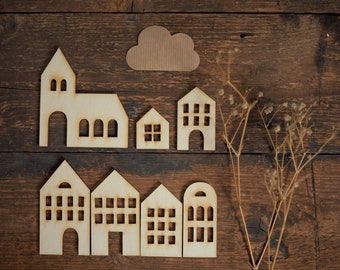 1pc or whole set of 7- THIN small set - wooden HOUSES - christmas decor, christmas ornaments, scandinavian decors, lasercut shapes, village