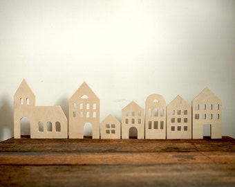 1pc or whole set of 7- THICK large set - wooden HOUSES - christmas decor, christmas ornaments, scandinavian decors, village