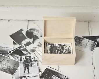 deep wooden photo box for 4"x6" (10x15cm) photos, unfinished wood, natural wood, unpainted, unpainted wood, recipe box, photo album, engrave