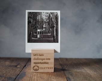 with YOUR LOGO Beech Wood Photo Holder: Engraved Wooden Postcard Stand (2.5 inch)