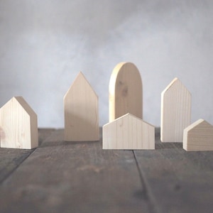 Set of 6 - wooden village, six houses, unpainted, natural wood, wooden houses, DIY, wooden toys, wooden decorative houses, wooden supplies