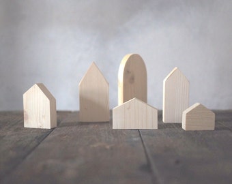 Set of 6 - wooden village, six houses, unpainted, natural wood, wooden houses, DIY, wooden toys, wooden decorative houses, wooden supplies