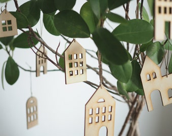 1pc or whole set of 7- THIN small set - wooden HOUSES - christmas decor, christmas ornaments, scandinavian decors, lasercut shapes, village