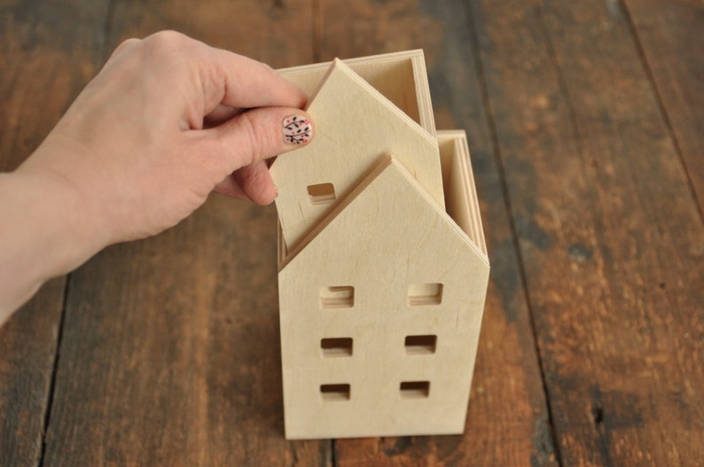 Large or small house wooden pencil box, desk organizer, natural wood, unpainted, house lantern, wooden lantern, miniature houses image 7