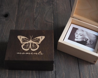 Engraved Pine Wood Photo Box for Instax Wide Prints
