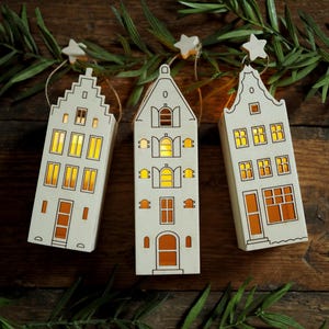1 pc wooden Christmas lantern with led candle - Amsterdam tenement house made of natural wood, unpainted, Christmas decor