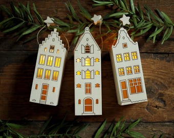 Wooden Amsterdam House Lantern with LED Candle - Christmas Decor