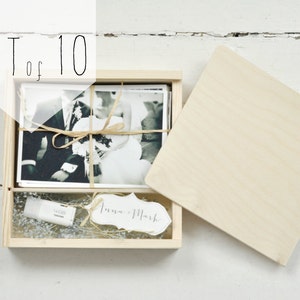 Lot de 10 boîtes PHOTO et USB pour tirages 10 x 15 cm (4 x 6 po.) avec compartiment pour USB, boîte en bois, emballage pour photographes, avec gravure