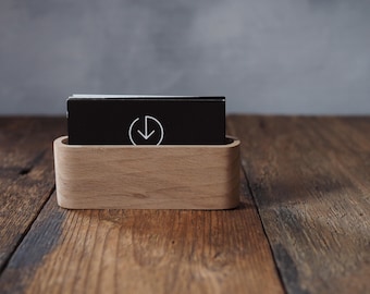 Engraved Beech Wood Business Card Holder: Modern Desk Display