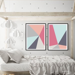 Geometric Modern Color Block Prints, Instant Download, Set of 2, pink blue & grey, Printable Wall Art, Bedroom, Nursery, Office, Home decor