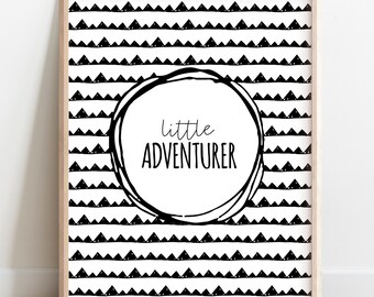 Little Adventurer Printable Wall Art | Black and White Nursery Decor | Mountain Themed Kids Room | Digital Download Baby Gift