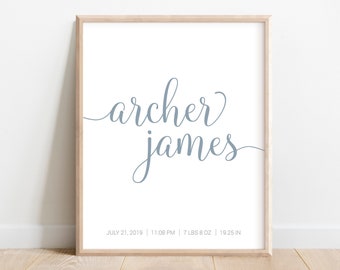 Impresión de nombre personalizada / Datos de nacimiento / Decoración de pared para la habitación del bebé / Datos de nacimiento para bebé niño imprimibles / Regalo personalizado para recién nacido / Decoración tipográfica
