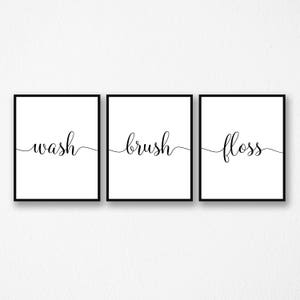 Bathroom wall art / wash brush floss / set of 3 / powder room prints / typography printable / kids bathroom art / master bath wall art