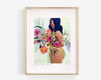 Floral Abstract Art, floral art print, abstract floral painting, girl with flowers, abstract flower painting, eclectic wall art, woman