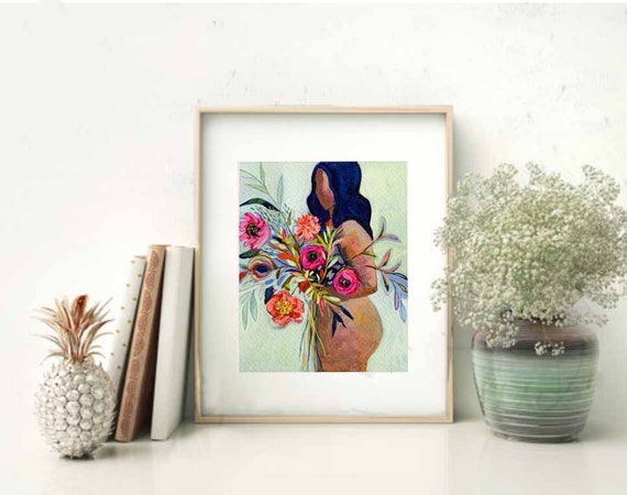 Floral Abstract Art floral art print girl with flowers abstract floral painting eclectic wall art woman abstract flower painting