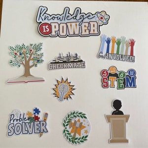 May include: A set of nine colorful educational stickers with various themes, including knowledge is power, checkmate, get involved, STEM, problem solver, and a lightbulb with a brain inside.