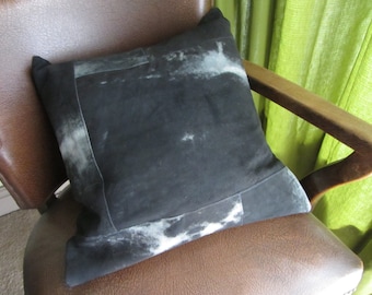 Handmade one of a kind upcycled black and white leather  cushion / pillow with clay pipe tag. 16" / 40cm