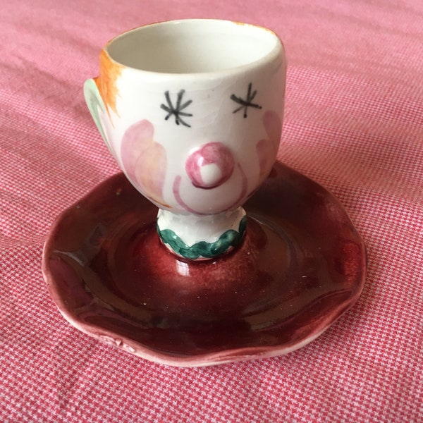 Clown face egg cup boy with integral dish – Vintage hand-painted tableware – circus theme