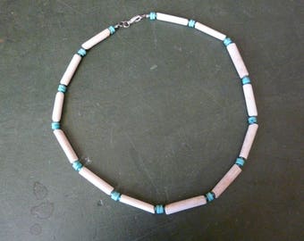 Necklace made from clay pipe fragments collected from the River Thames and small semi precious turquoise disc beads