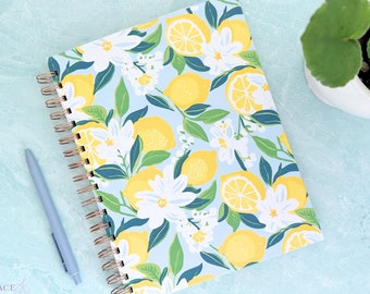 Lemons Notebook with White Flowers Notebook with your choice of Lined Pages, Dot Grid Pages, and Grid Pages