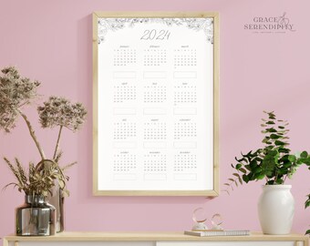 2024 Floral Wall Calendar // 12 Month Wall Calendar Monthly Overview Calendar 2024 Poster Large Wall Calendar Goal Setting Coloring Calendar