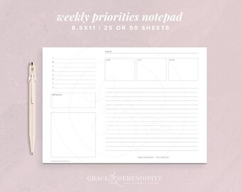 Weekly Planner Notepad with 25 or 50 Pages, 8.5x11 in Size, Notepad for Productivity, Weekly Priorities Notepad