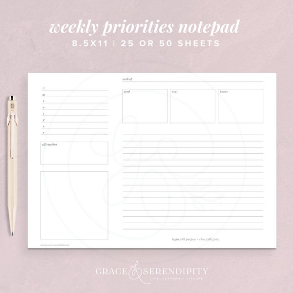 Weekly Planner Notepad with 25 or 50 Pages, 8.5x11 in Size, Notepad for Productivity, Weekly Priorities Notepad