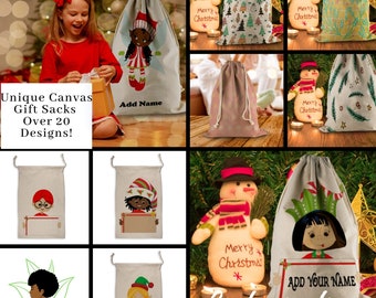 Multi-Cultural Christmas Kids |Christmas Decorations |Canvas Linen Santa Sack |Gift Bags |Reusable Bags