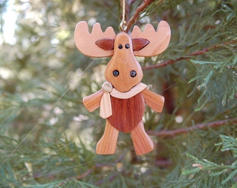 MOOSE CHRISTMAS ORNAMENT Wood Carving.  A funny and charming addition to your holiday tree, sure to bring a smile.