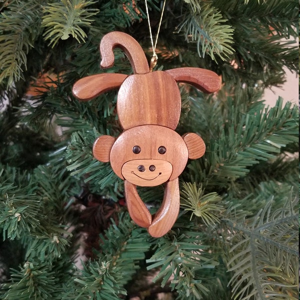 MONKEY CHRISTMAS ORNAMENT  Wood Carving.  A cute and original ornament for your special someone, and a nice addition for your holiday.