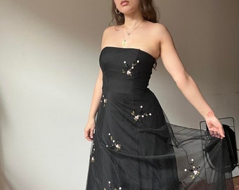Vestido de fiesta vintage de los años 90, estilo gótico, negro, largo hasta el suelo, de tul y malla, de Sue Wong.