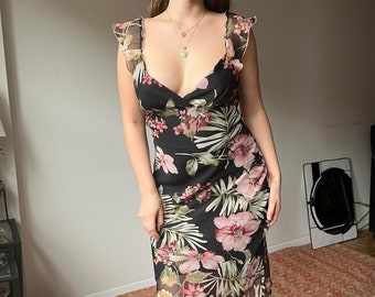 Vestido de hadas de malla floral negro y rosa asimétrico vintage y2k