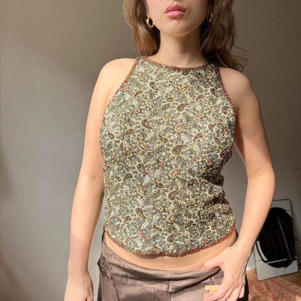 Vintage 90s beaded gold silk top