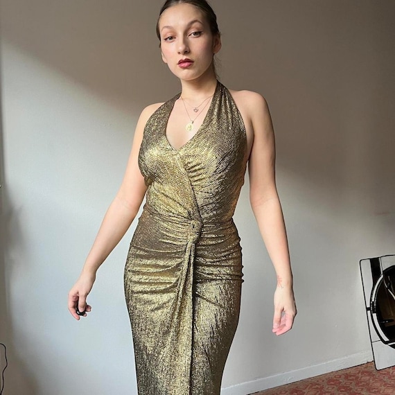 vtg y2k gold halter prom dress gown - image 1