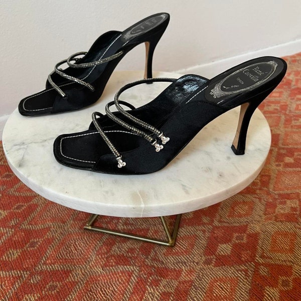 rare vtg y2k René Caovilla satin black embellished heels