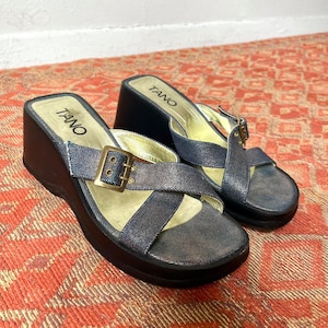 Vintage 90s denim metallic blue platform sandals