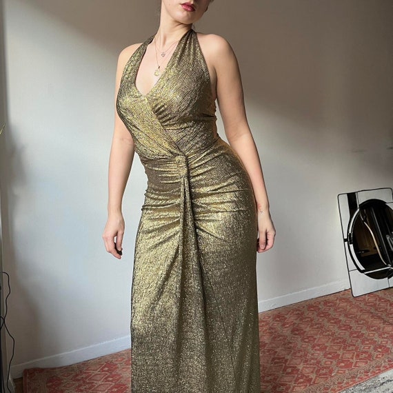vtg y2k gold halter prom dress gown - image 2