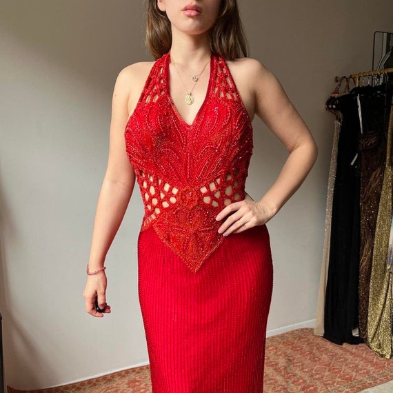 bedazzled y2k red prom dress gown