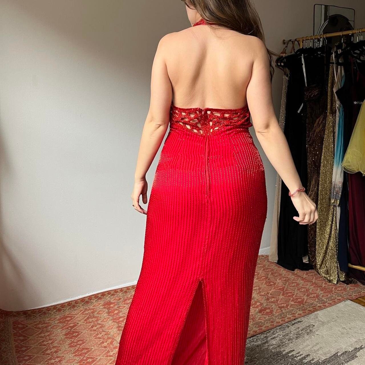 red scala dress SCALA -80103 V-Neck Beaded Embellished Prom Dress