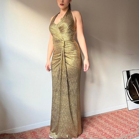 vtg y2k gold halter prom dress gown - image 3