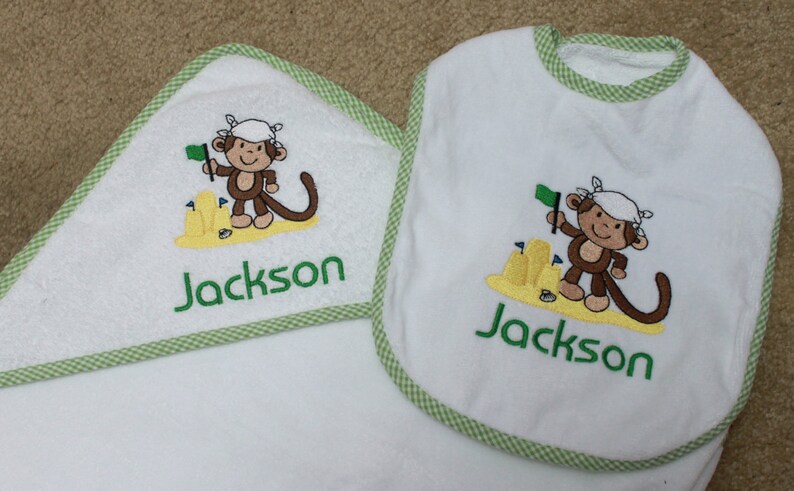 Bib and Towel Set Monkey Baby Towel Hooded Baby Towel Monkey Bib Baby Girl Gift Kids Towel Personalized Bath Towel