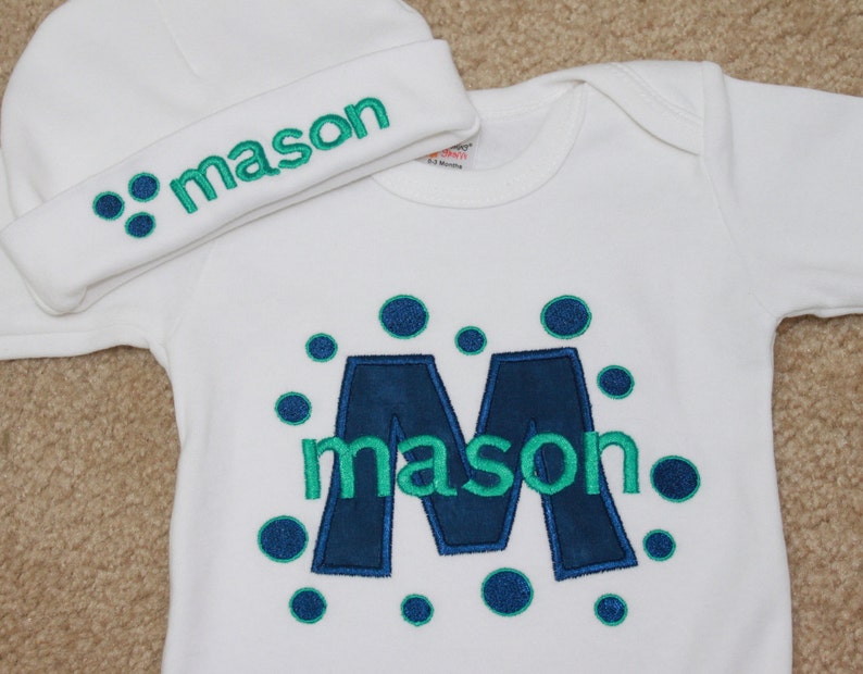 Personalized Embroidered Baby Onepiece Bodysuit and Cap Block and Dots Monogram