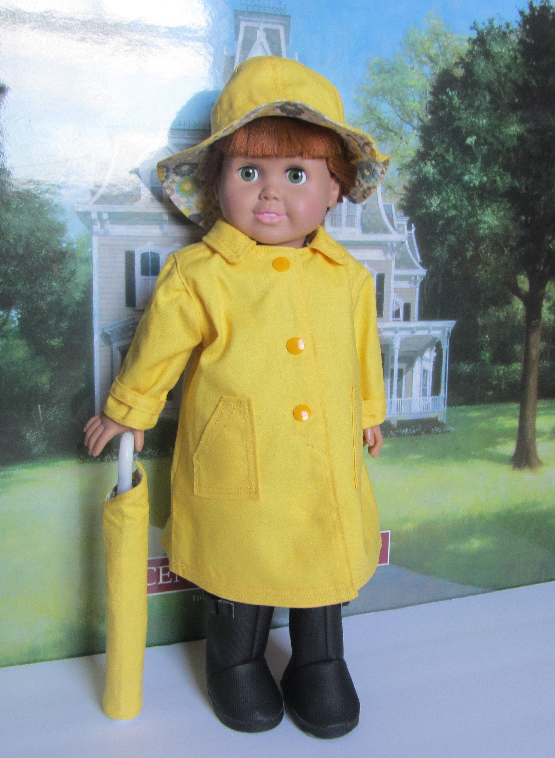 Yellow Rain Coat Boots & Umbrella made for 18 inch American Girl Doll Clothes 