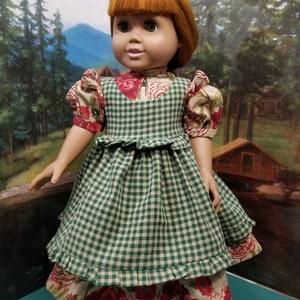 Red and Green Prairie Dress with Green Gingham Pinafore for 18&quot; Dolls Like American Girl Kirsten, Addy